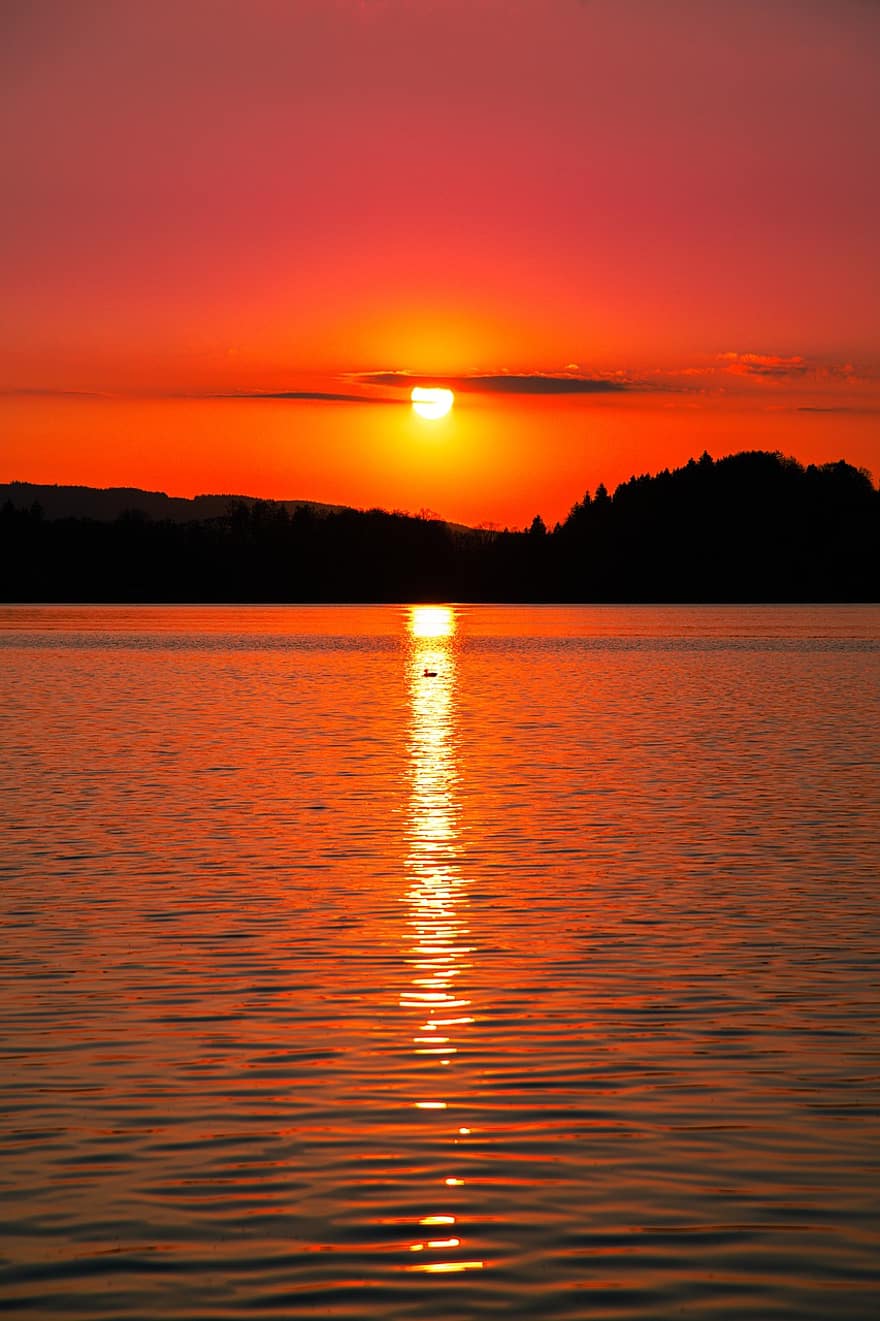 湖、日の出、日没、シルエット、反射、水、太陽、日光、夕暮れ、夜明け、朝