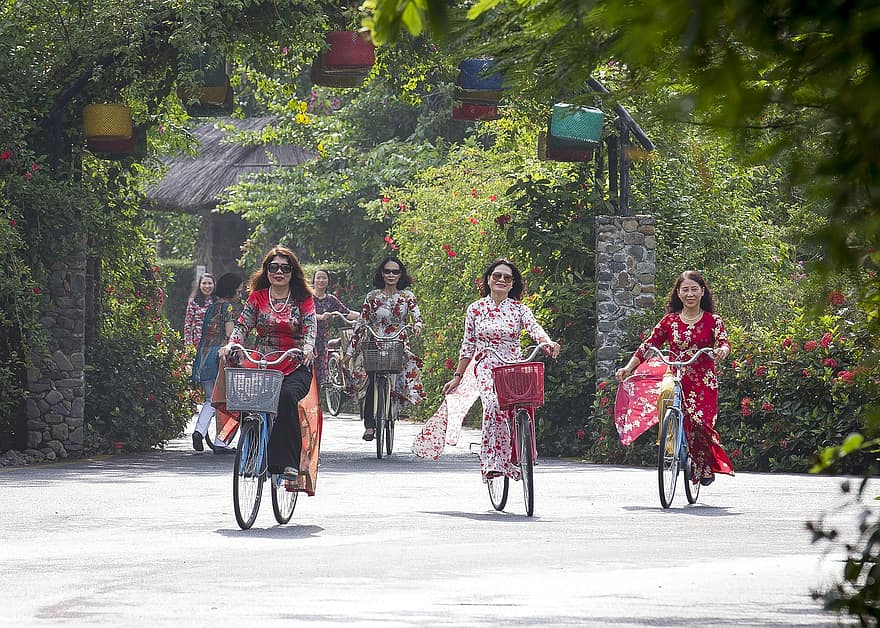 Kvinder, cykling, parkere, fritid, cykler, mennesker, gruppe, asiatisk, mode, lykkelig, vej