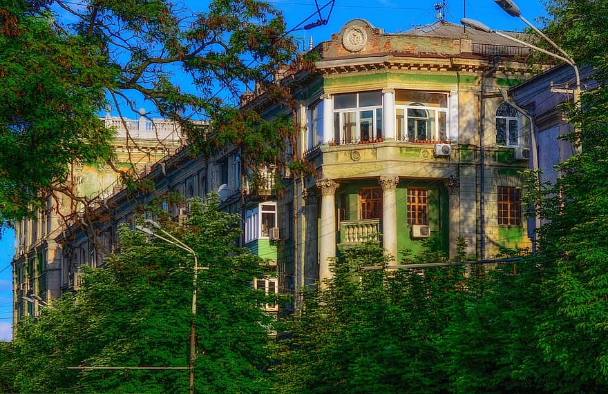 gebouw, huis, bomen, oud huis, groen huis, architectuur, straat, Oekraïne