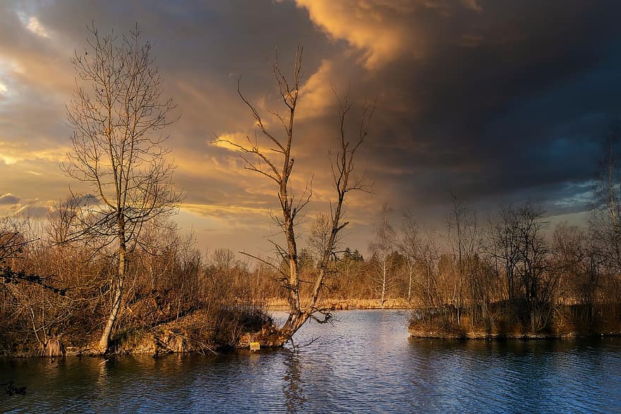 Lake, Water, Weather, Clouds, Islands, Trees, Dusk, tree, sunset, forest, landscape
