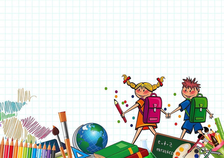 studentů, děti, zpátky do školy, škola, vzdělání, domácí práce, Černá tabule, barevné tužky, knih, vodové barvy, školní tašky