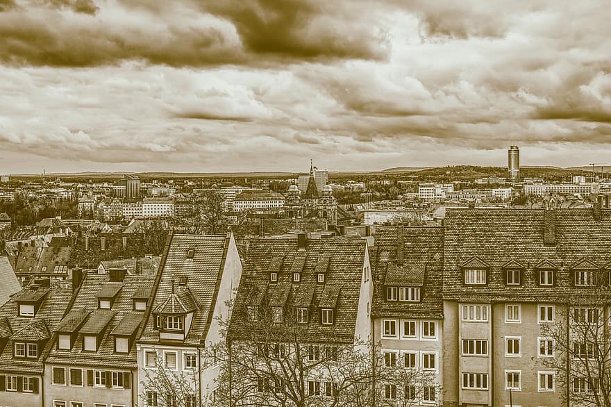 casas, techos, ciudad, nubes, Nuremberg, paisaje urbano, vista superior, arquitectura, techo, lugar famoso, exterior del edificio