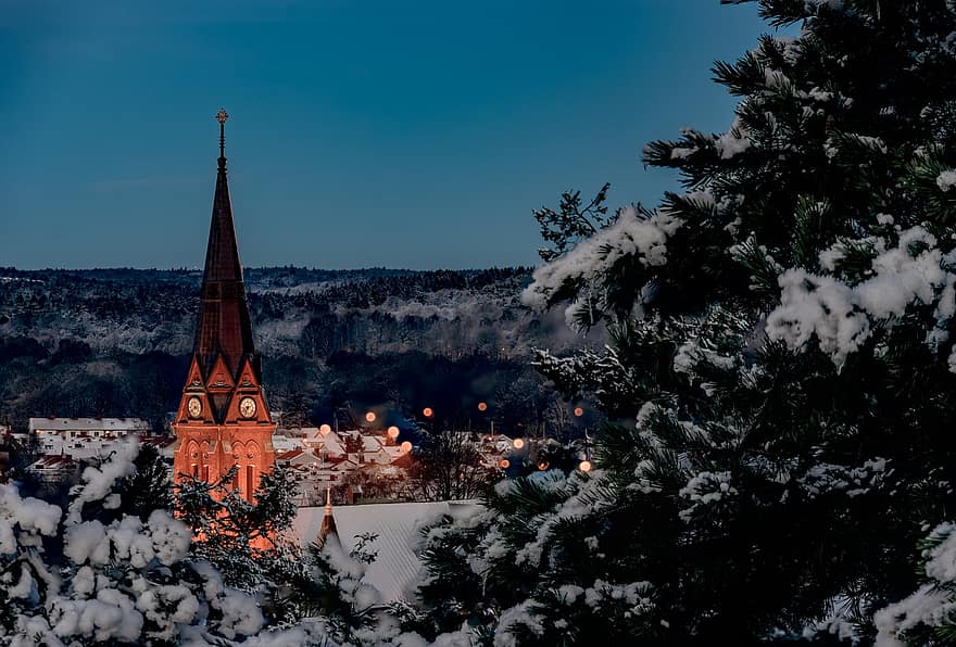 kerk, sneeuw, winter, Bos, natuur, religie, Christendom, landschap, winterlandschap, Göteborg, architectuur