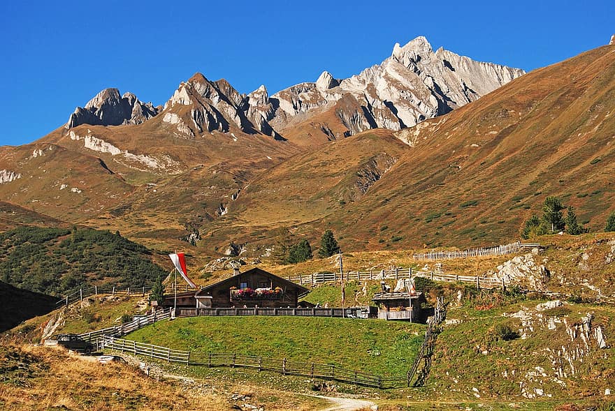 Berge, Alpen, Berghütte, Gipfel, szenische Ansicht, Landschaft, Weide, Dorf, Tal, Berg, Gebirge