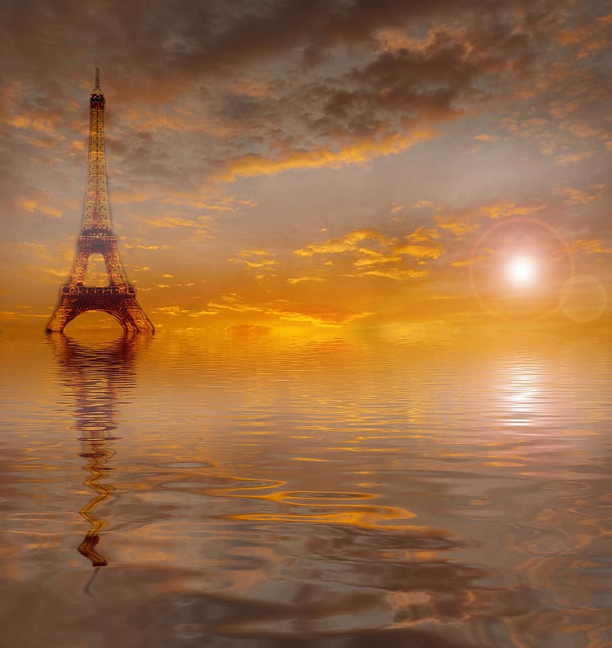 Wieża Eiffla, Paryż, woda, zachód słońca, wschód słońca, Francja, eiffel, wieża, punkt orientacyjny, Europa, Francuski