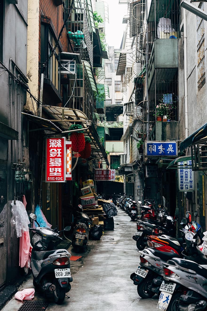 Alley, Keelung, Road, City, Old, Architecture, Building, Urban, Travel, Motor Bike, Narrow