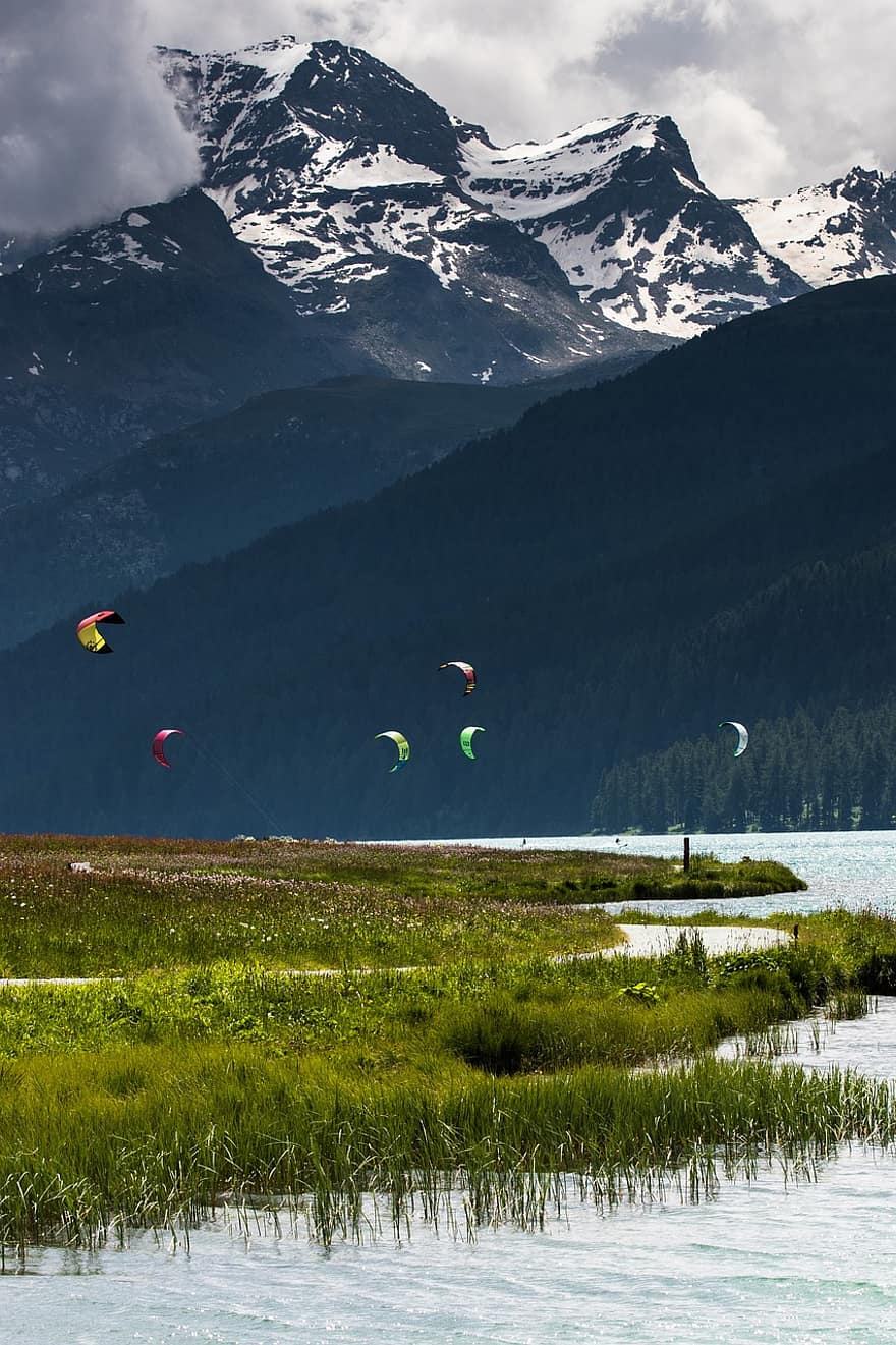 muntanyes, llac, surf de kite, naturalesa, paisatge, bosc, suïssa, aigua, alpí, neu, arbres