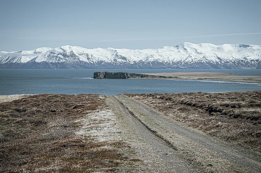 montañas, mar, Islandia, costa, la carretera, naturaleza, nieve, invierno, isla, frío, Oceano