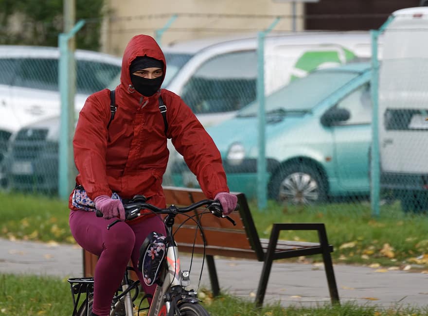 велосипедист, человек, маска для лица, Новый нормальный, COVID-19, маскировать, велосипед, улица