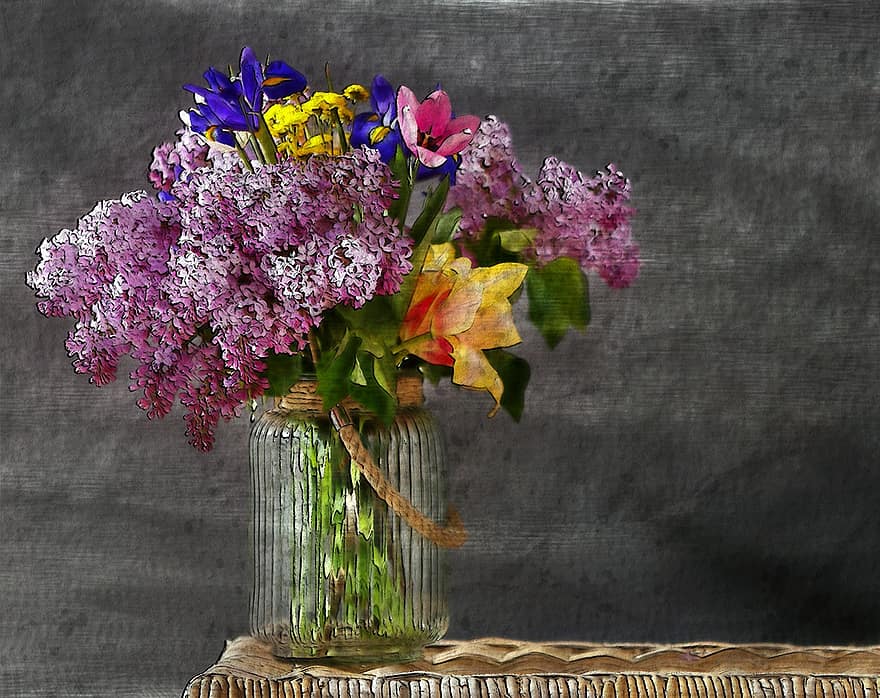 värikkäitä kukkia, maljakko, lasi-, vesi, sekoittaa, väri-, keltainen, sininen, Pinkki sisätiloissa, pöytä, levätä
