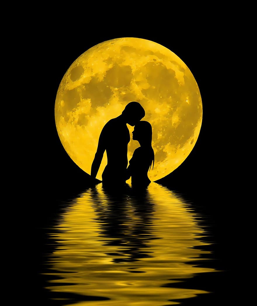 pasangan, refleksi, bayangan hitam, bulan, kuning, ombak, laut, cinta, romantis, wallpaper, layar latar belakang