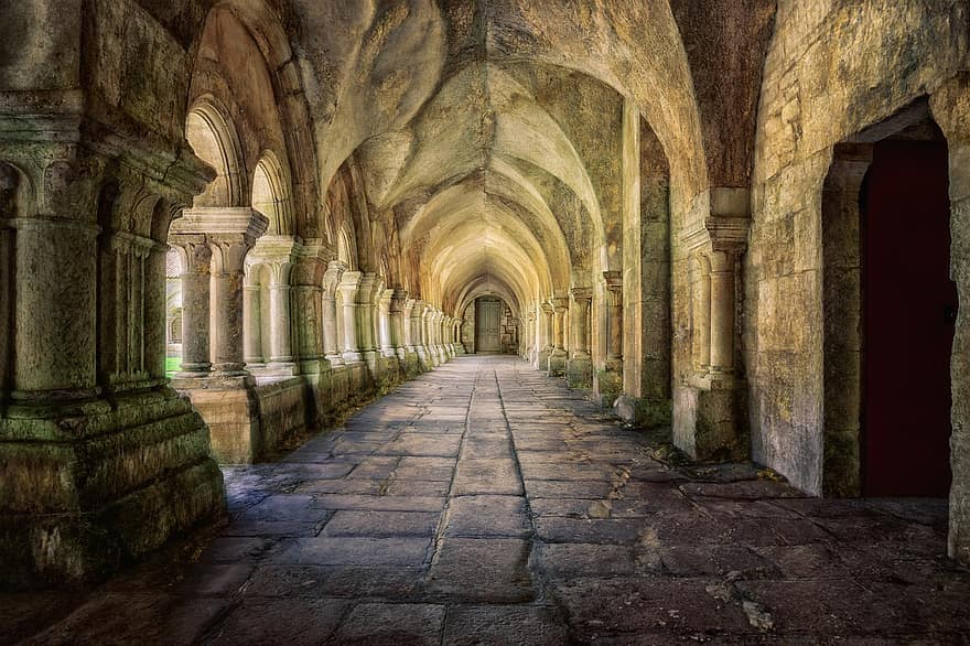 μοναστήρι, διάδρομος, πυλώνες, Μεσαίωνας, αρχιτεκτονική, παλαιός, θρησκεία, διάσημο μέρος, ιστορία, αψίδα, εντός κτίριου