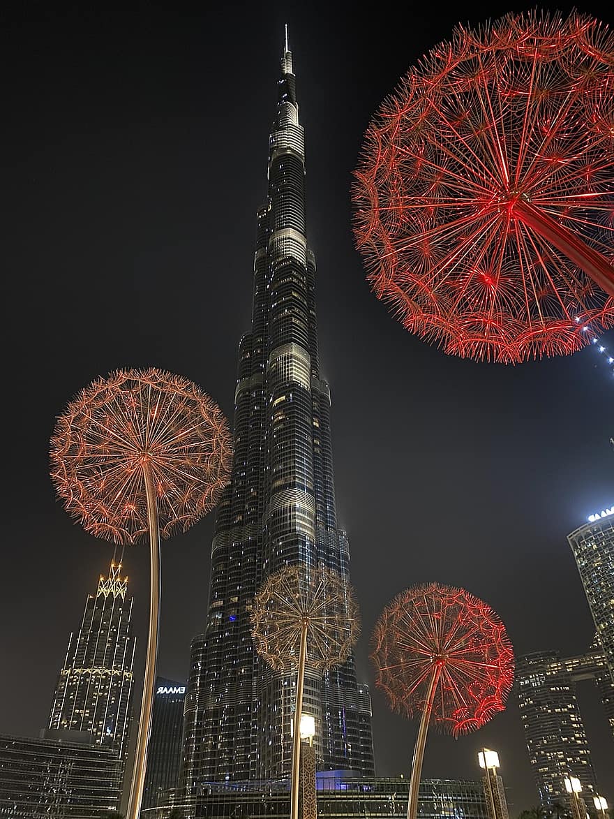 Dubai, Burj Khalifa, Wolkenkratzer, Stadt, Nacht-, Stadtbild, beleuchtet, berühmter Platz, die Architektur, städtische Skyline, Gebäudehülle