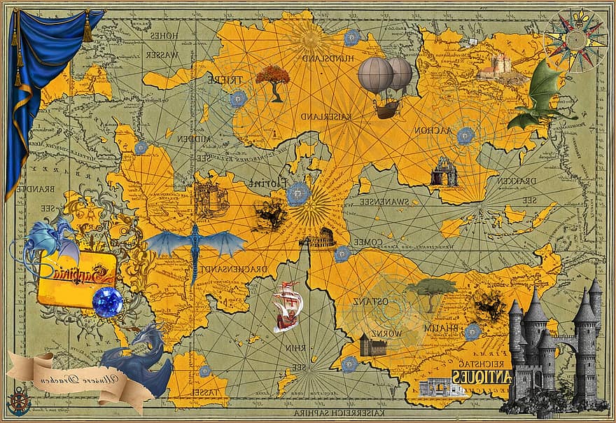Map, Fantasy, Map Of The World, Island, Sea, Dragon, Sapphire, City, cartography, illustration, world map