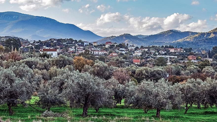 sat, munţi, vedere, decor, Korakou, cipru