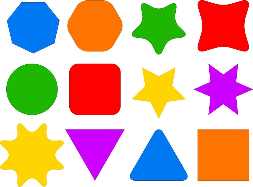 ícones, formas, símbolos, quadrado, volta, círculo, triângulo, cores, conjunto, coleção