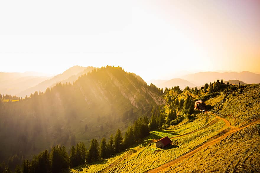 Alemanha, Alpes, papel de parede, bavaria, montanhas, panorama, alpino, natureza, berchtesgaden, hochgrat, por do sol