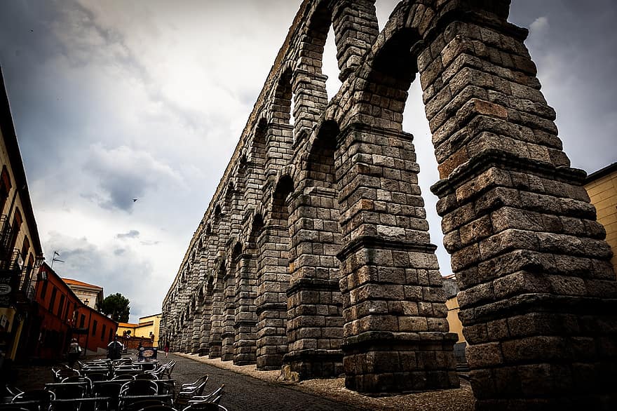 viaduto, arquitetura romana, ponte, estrutura de pedra, antiguidade, céu nublado, edifício antigo, ponto de referência, local historico, Espanha, segovia