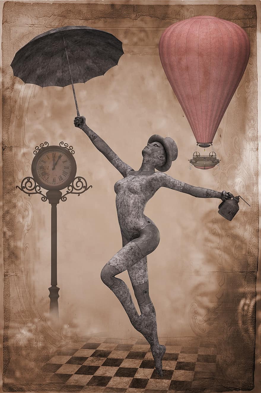 steampunk, kvinde, fantasi, komponere, ballon, luftskib, ur