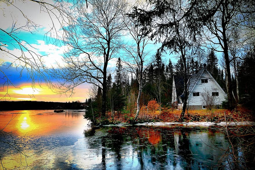 chalet, lago, tramonto, paesaggio, ambiente, foresta, ecologia, ecosistema, crepuscolo, Québec, albero
