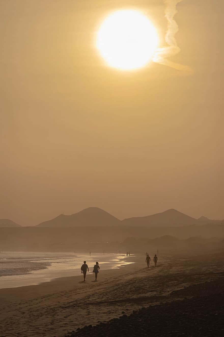 пляж, море, волны, песок, заход солнца, Lanzarote, Калета де Фамара