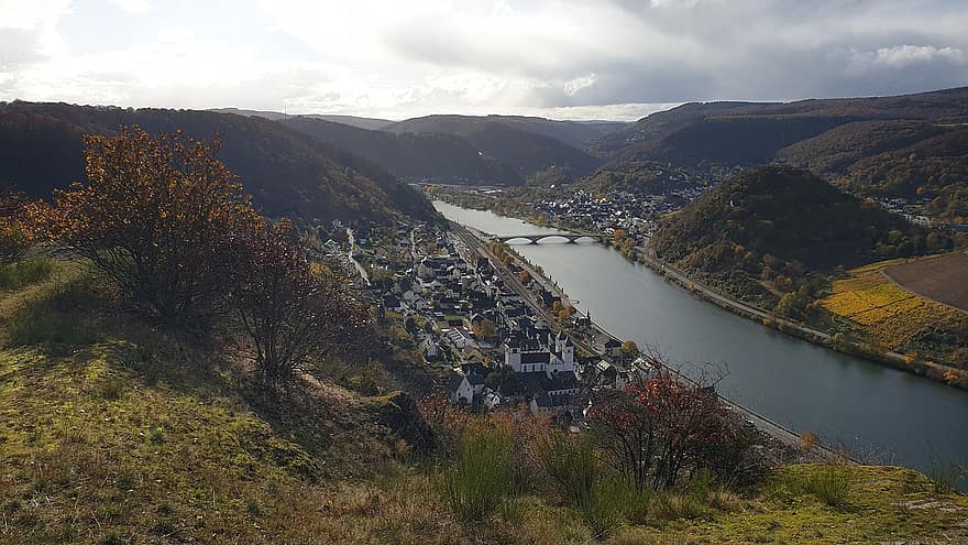 Moselle, flod, landsby, bjerge, efterår, landskab, vand, landlige scene, bjerg, Skov, træ