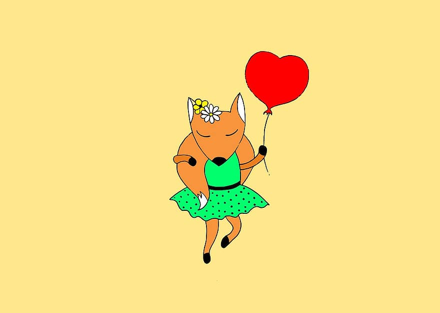 लोमड़ी, लड़की, गुब्बारा, दिल, जानवर, महिला, प्रेम, नृत्य, वैलेंटाइन दिवस
