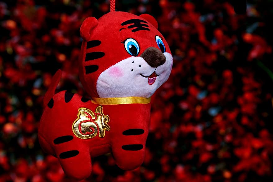 Tīģera lelle, Ķīniešu Jaunais gads, jaunais gads, Sarkanais tīģeris, mīkstā rotaļlieta, tradicionāli, ķīniešu, kultūra, svinības, gudrs, apdare