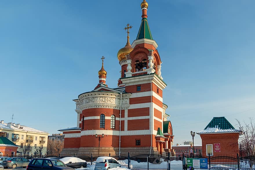 architektūra, tikėjimas, mėlyna, plytų, pastatas, pastato išorė, pastatyta struktūra, kapitalo, Čeliabinskas, krikščionybė, bažnyčia