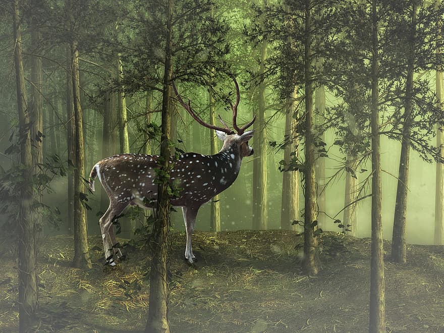 ciervo, cornamenta, arboles, bosque, fantasía, Corzo, cuento de hadas, fondo digital, árbol, animales en la naturaleza, ilustración