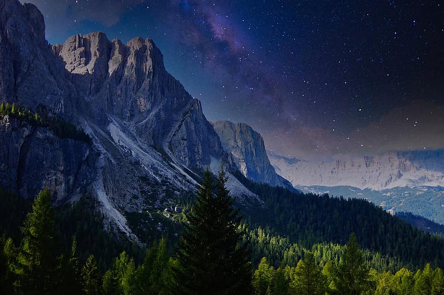 bergen, natt, stjärnor, Tyrolen, alperna, natur, skog, resa