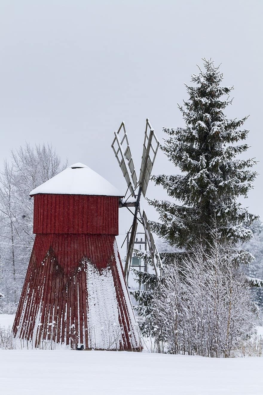 windmill, winter, nature