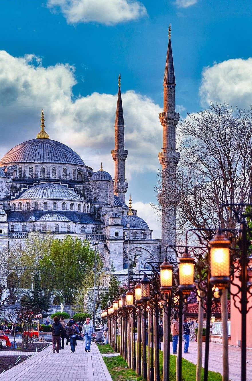 空、バックグラウンド、壁紙、モスク、ミナレット、通りの明かり、通り、建築、イスタンブール、イスラム教、七面鳥