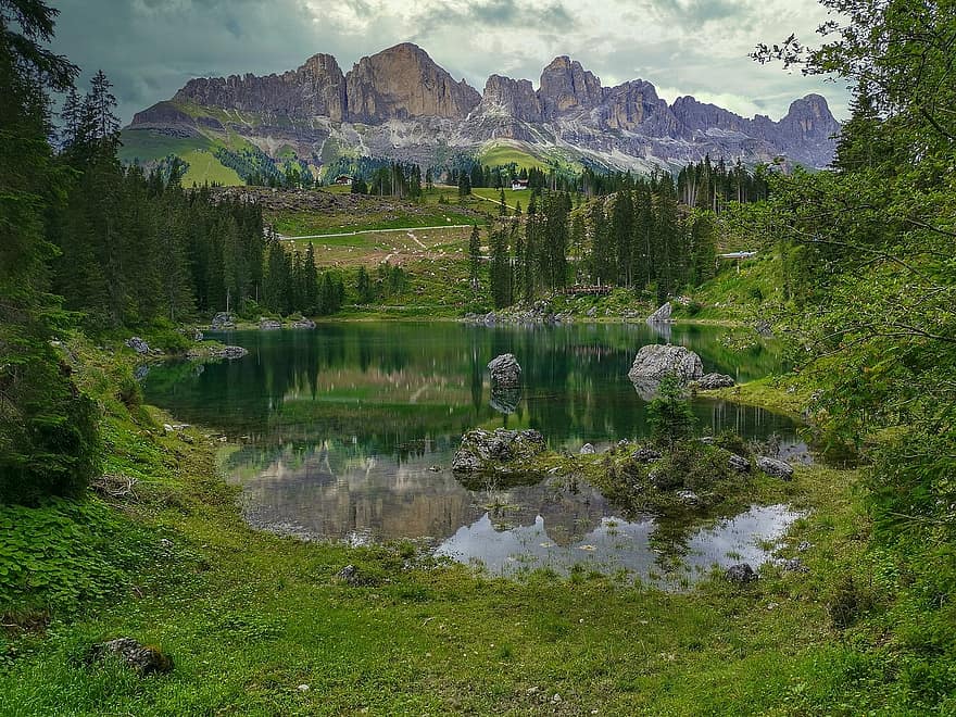 Lake, Dolomites, Forest, Trees, Grass, Reflection, Rosengarten