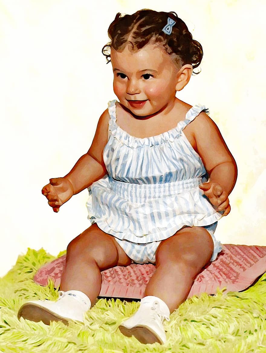 бебешки портрет, момиченце, 1950 г., ретро, портрет, сладък, бебе, млад, малко, хлапе, щастлив