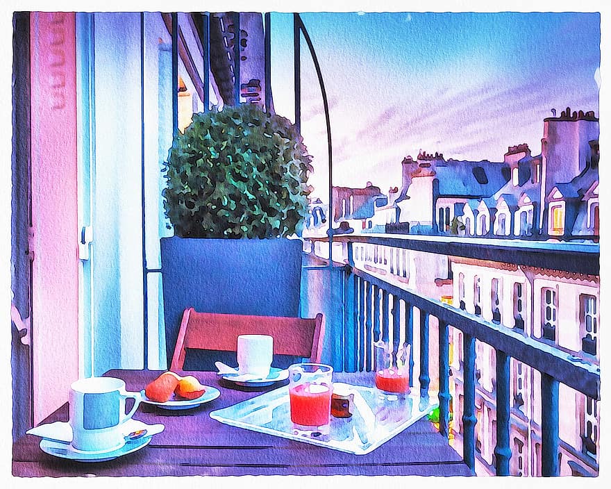 Ban công màu nước Paris, Paris, bữa ăn sáng, rượu, món ăn, đường chân trời, cây, những bông hoa, tháp Eiffel, ban công, pháp