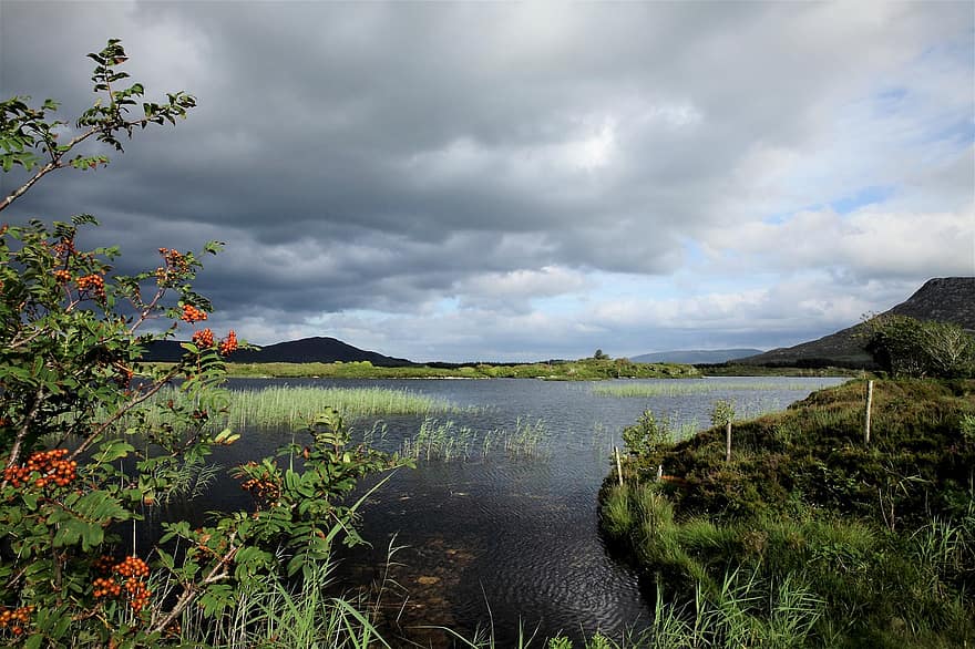 Írország, connemara, tó, természet, utazás, felfedezés, tájkép, fű, zöld szín, víz, nyári
