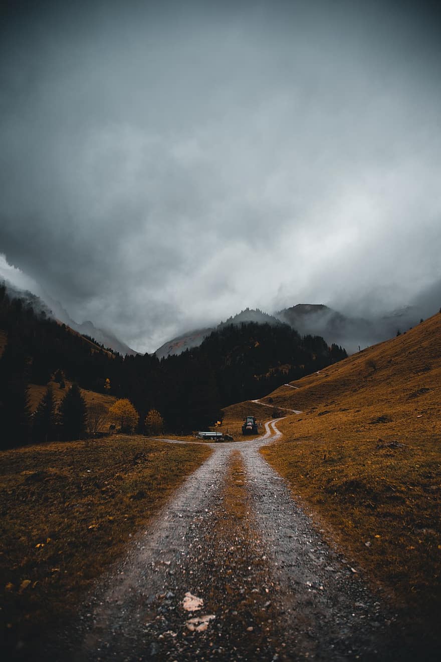 la carretera, campo, día lluvioso, naturaleza, paisaje, Suiza, montaña, Alpes, otoño, bosque, nube