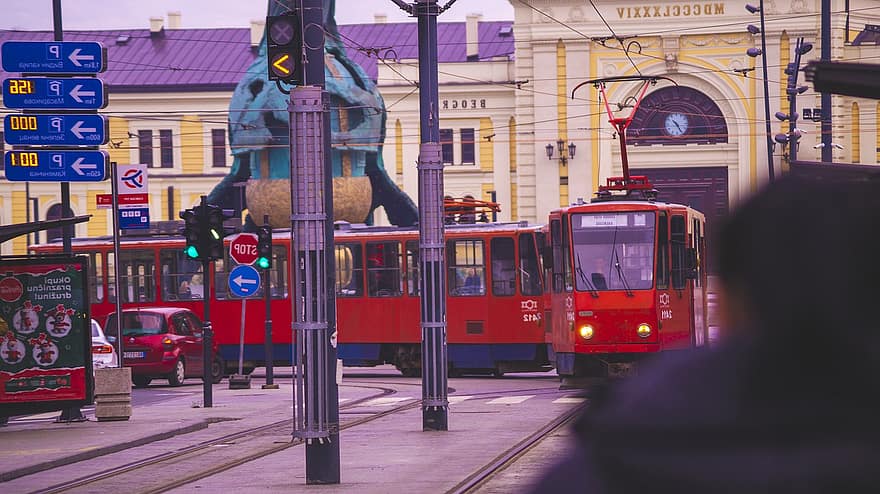 Miasto, tramwajowy, Europa, Belgrad, Serbia, transport, życie w mieście, ruch drogowy, środek transportu, architektura, autobus