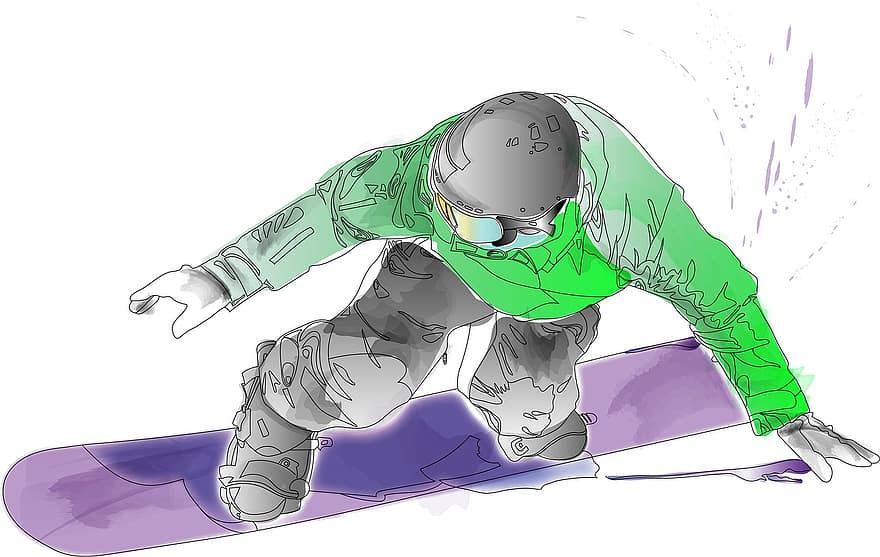 snö, vinter-, sport, åka snowboard, snowboard, snowboardåkare, bergen, backe, träsnideri, män, illustration