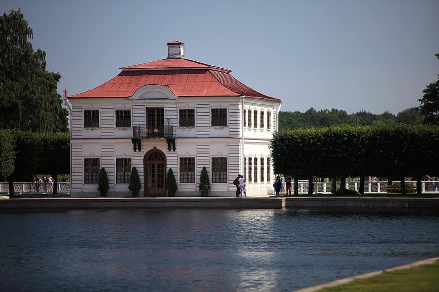 Marly Palace, museum, bygning, arkitektur, historisk, borg, innsjø, dam, Peterhof, St. Petersburg, Russland