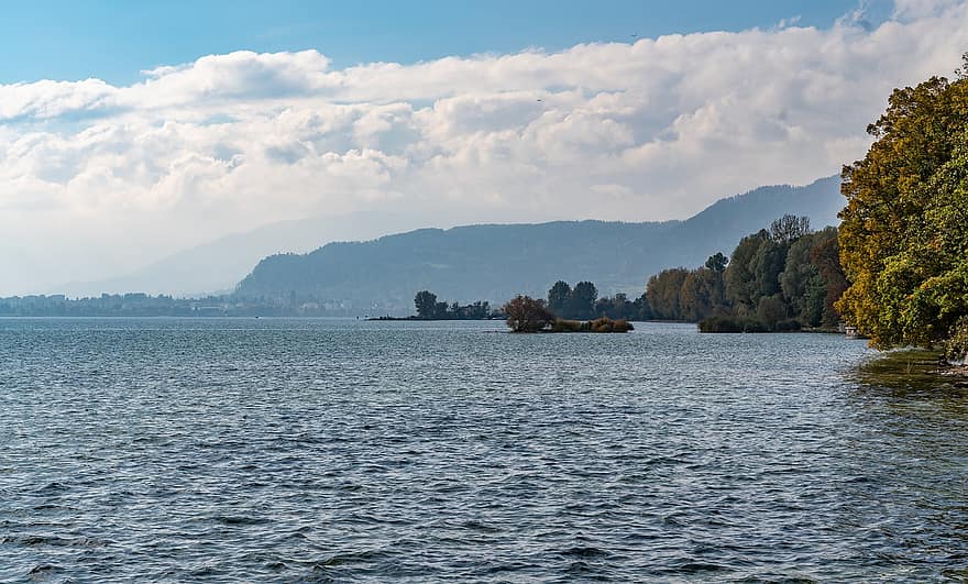 lac, copaci, coastă, Lacul Constance, cer, orizont, natură