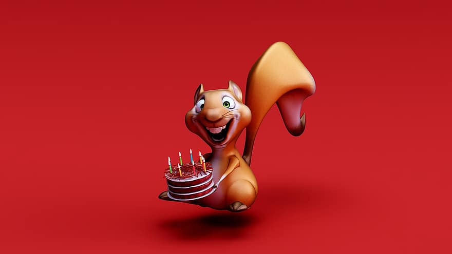 su gimtadieniu, voverė, 3d, gyvūnas, tortas, šokoladas, mielas, šventė, žvakė, iliustracija, linksma