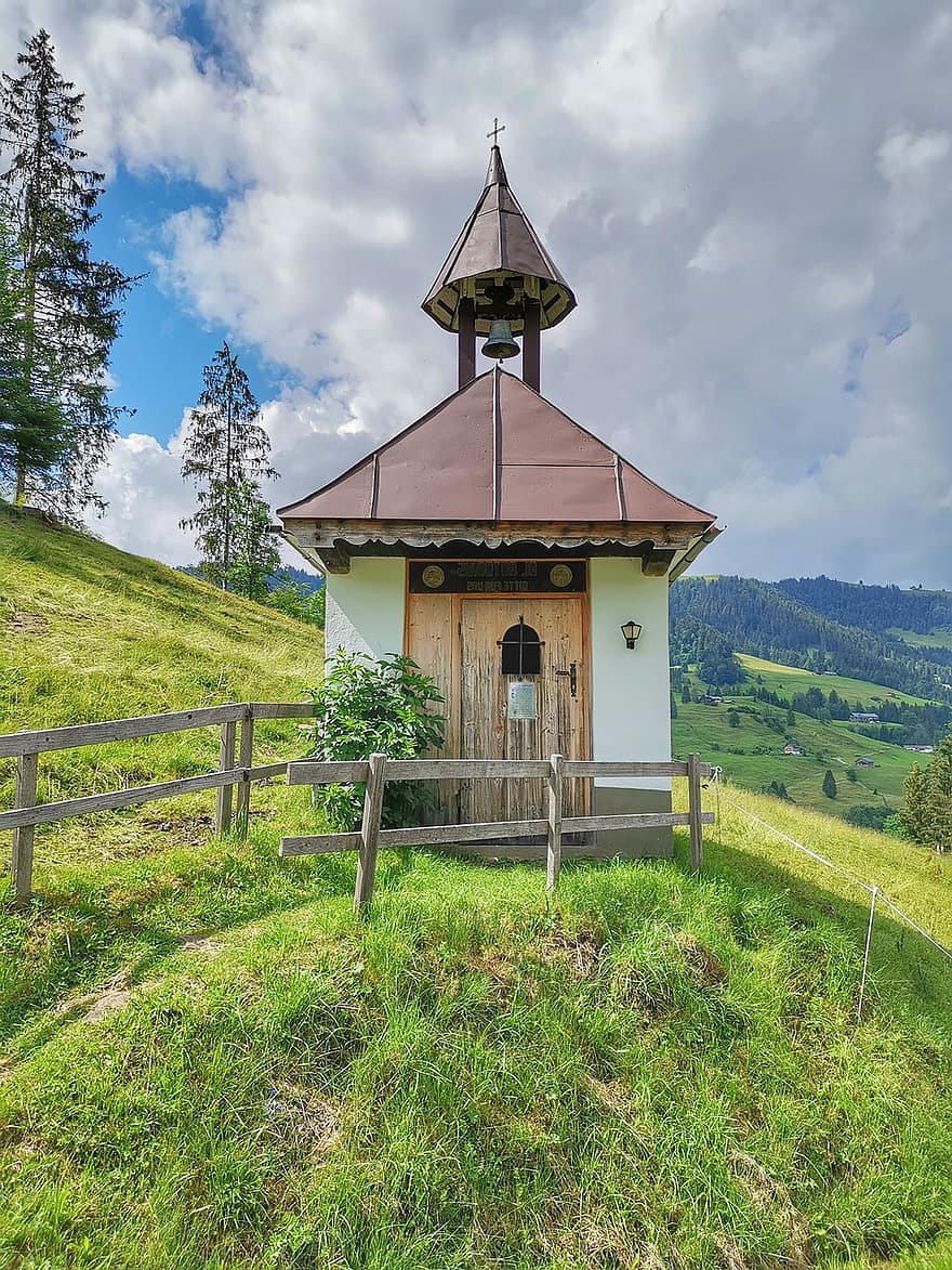 capela, Áustria, panorama, natureza, alpino, montanhas, Igreja, céu, paisagem montanhosa, arvores, verão