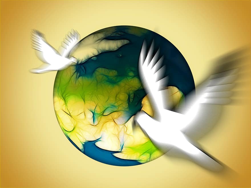 balandžiai, harmonija, simbolis, gaublys, žemė, pasaulyje, globalizacija, planetoje, pasauliniu mastu, tarptautiniu mastu, aplinką