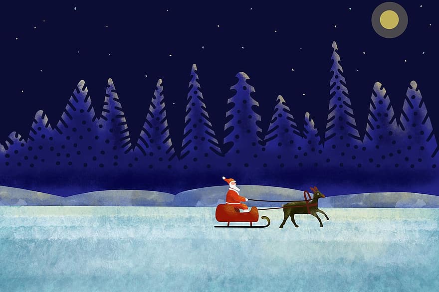 fond d'écran, Père Noël, Rudolph, traîneau, Noël, nuit, une luge, forêt, neige, réflexion, lune