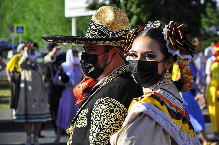 sombrero, mariachi, carnaval, celebração, tradicional, traje, mulher, dançando, entretenimento