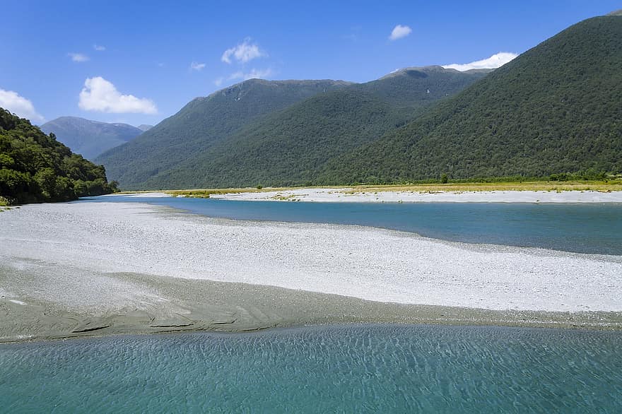 川、ビーチ、ニュージーランド、自然、山岳、美しい景色