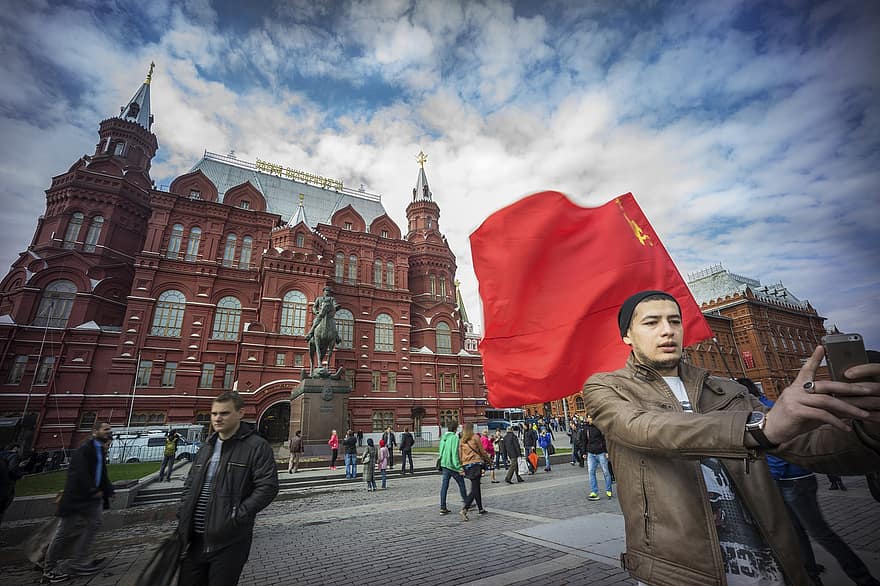 Rusland, rood vierkant, toerist, selfie, man, mannetje, reizen