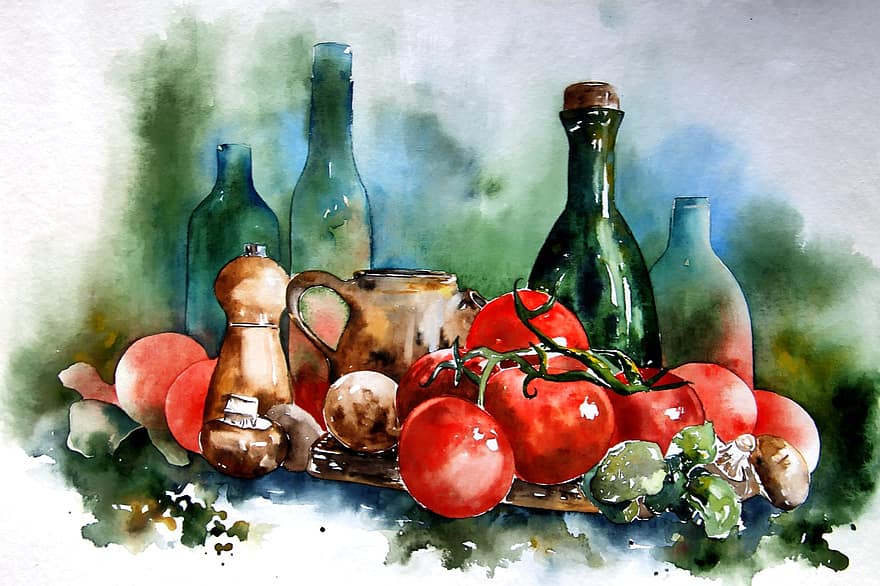 vannfarge, akvarell maleri, Kunst, tomater, stilleben, maleri, farge, fargerik, maling, bilde, malt